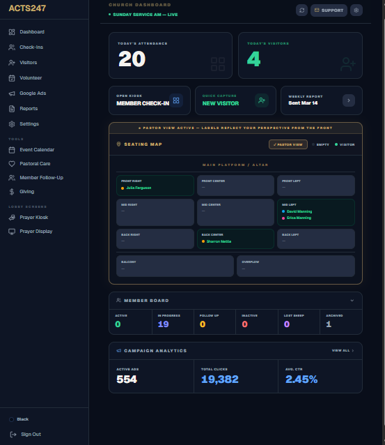 ACTS247 Pastor View — Seating Map from the front